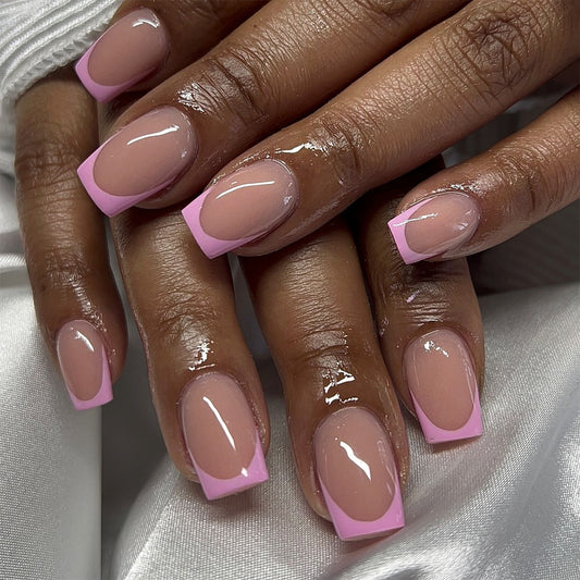Chic Elegance Medium Square Shaped Soft Pink With Glossy French Tips Press On Nail Set
