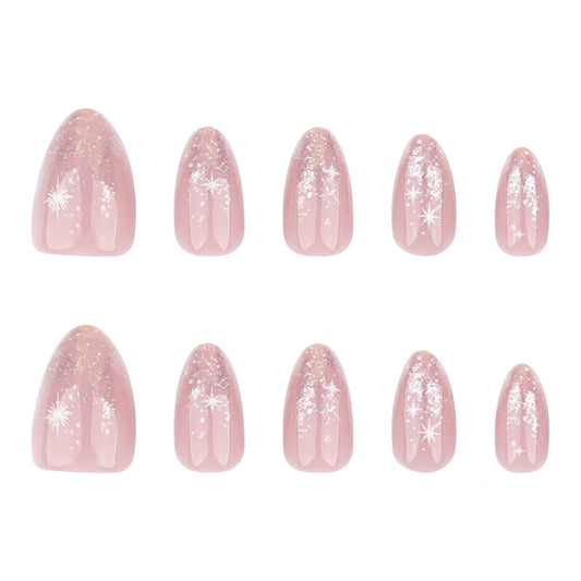 Glimmering Dreams Press On Nail Set in Short Almond Shape Soft Pink with Sparkling Star Accents