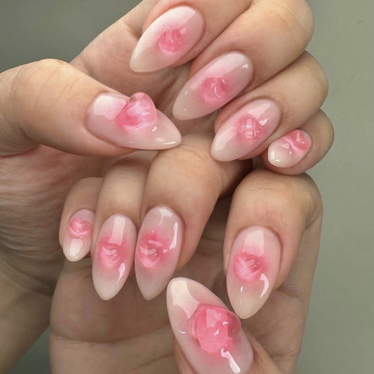 Romantic Blossom Press-On Nail Set in Short Almond Shape Soft Pink with Three Dimensional Floral Design