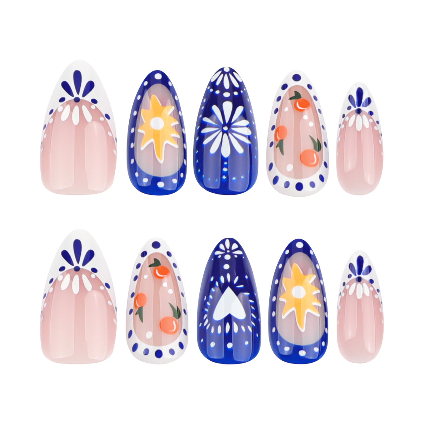 Garden Bliss Dreamy Short Almond Shaped Blue and Pink Press On Nail Set with Floral Designs and Sun Motifs