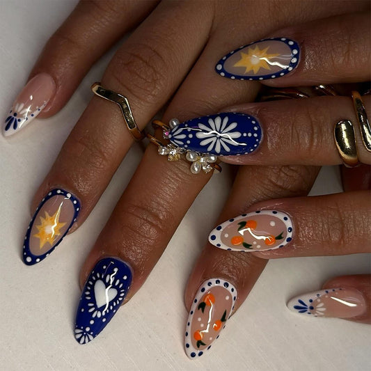 Summer Vibes Medium Almond Blue and Beige Floral Press On Nail Set with Unique Hand-Painted Designs