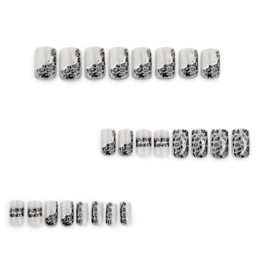 Wild Safari Chic Short Length Square Shaped Gray and Black Leopard Print Press On Nail Set with Glitter Accents