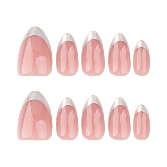 Chic Blush Elegance Short Almond Shaped Glossy Pink Press On Nail Set with Silver Tips