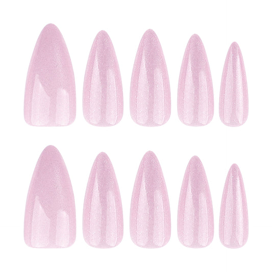 Dreamy Elegance Lengthy Medium Almond Shimmering Pink Press On Nail Set with Iridescent Sparkle