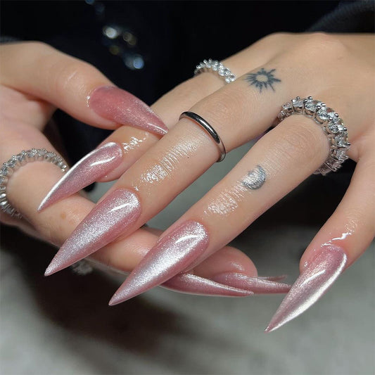 Glistening Fairy Tale Long Stiletto Pink Nails with Shimmering Finish