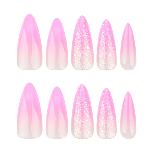 Glamorous Garden Pink Medium Almond Shaped Press On Nail Set with Stunning Glitter Gradient Finish