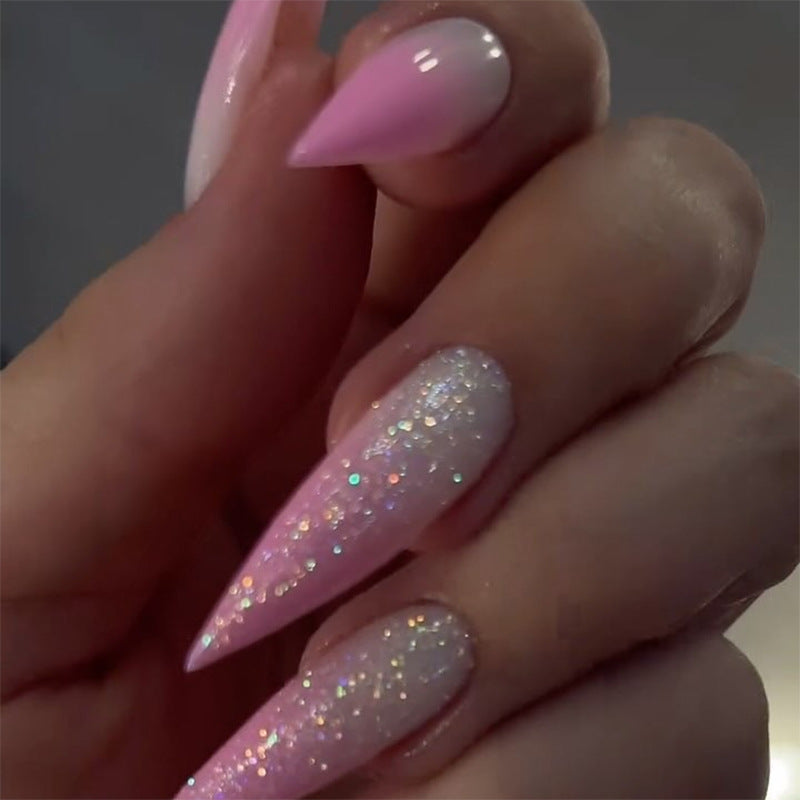 Dreamy Glamour Long Stiletto Pink Press On Nails with Sparkling Glitter Tips