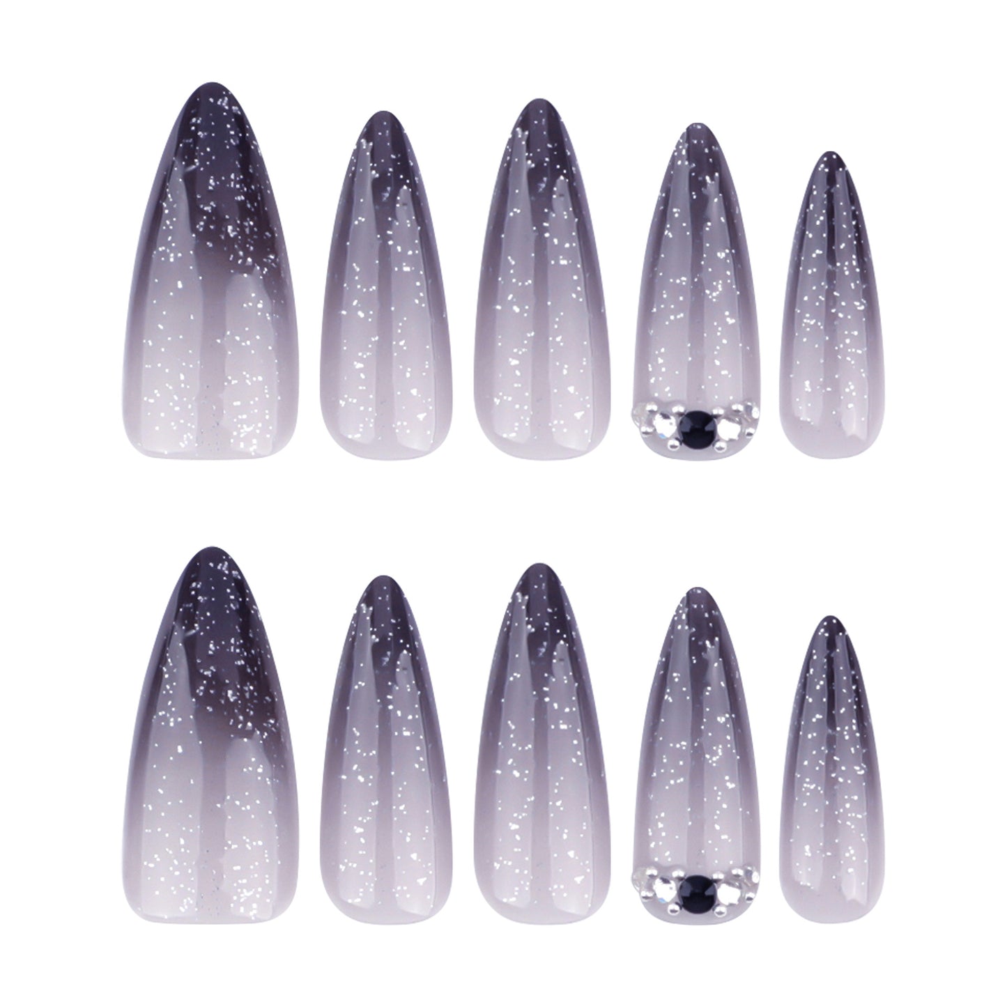 Galaxy Glamour Press On Nail Set Long Almond Gradient Gray with Sparkling Glitter Accent