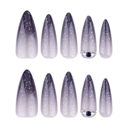 Galaxy Glamour Press On Nail Set Long Almond Gradient Gray with Sparkling Glitter Accent