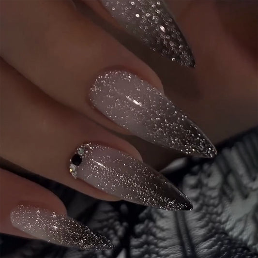Glamorous Stardust Shaped Long Almond Sparkling Press on Nail Set with Rhinestone Accents
