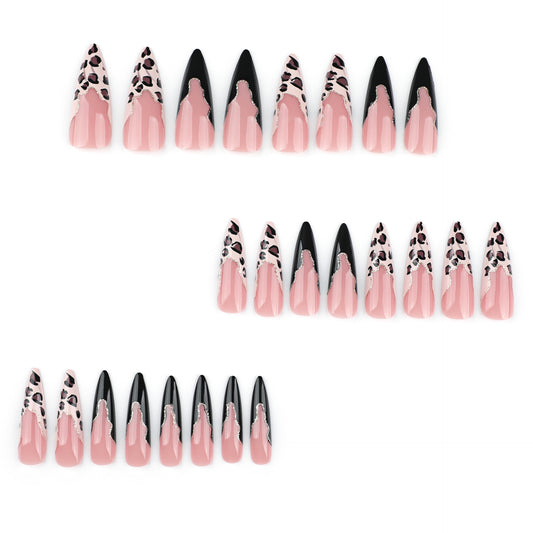 Safari Chic Long Stiletto Pink and Black Leopard Print Press On Nail Set