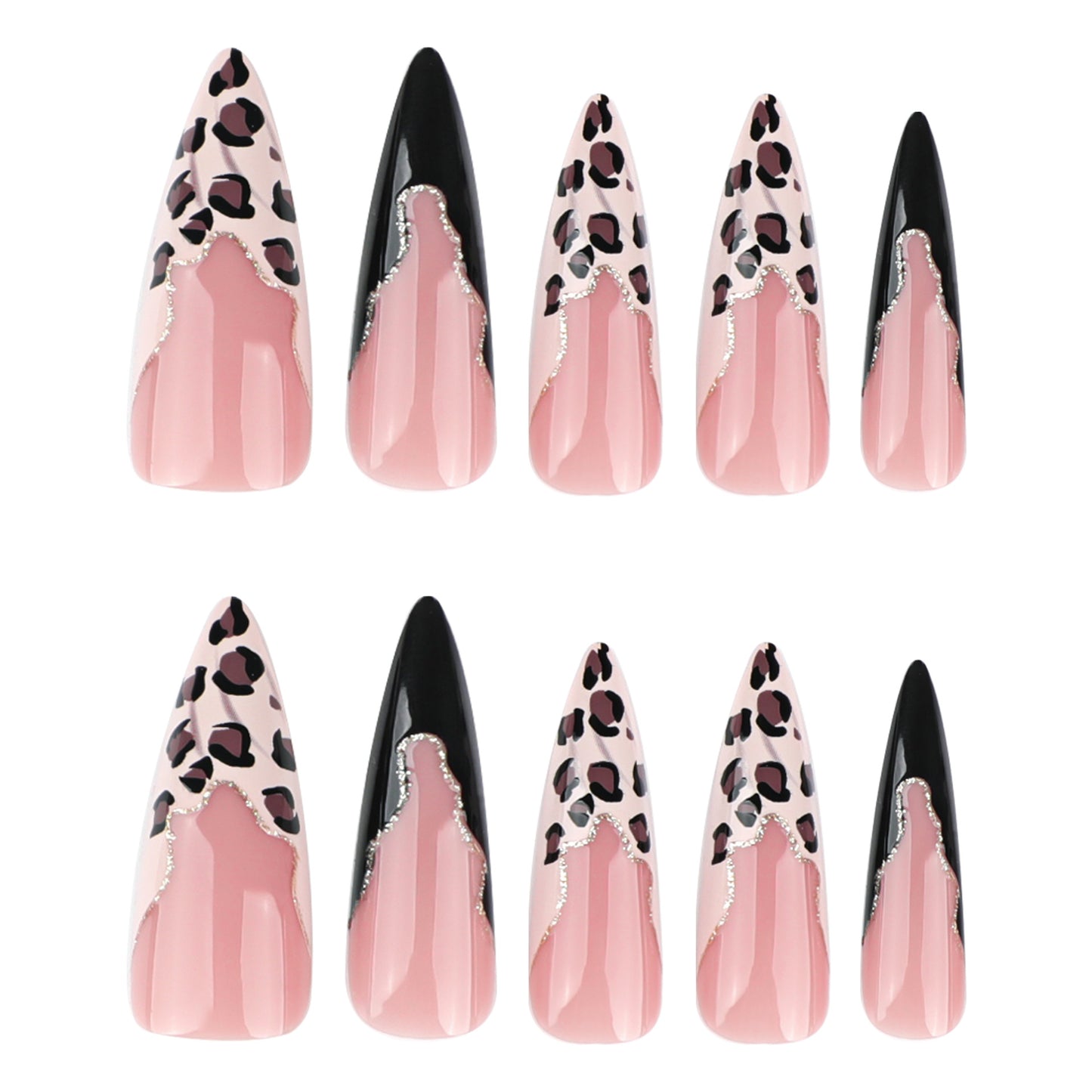 Wildly Chic Long Stiletto Pink and Black Leopard Print Press On Nail Set with Glitter Accent