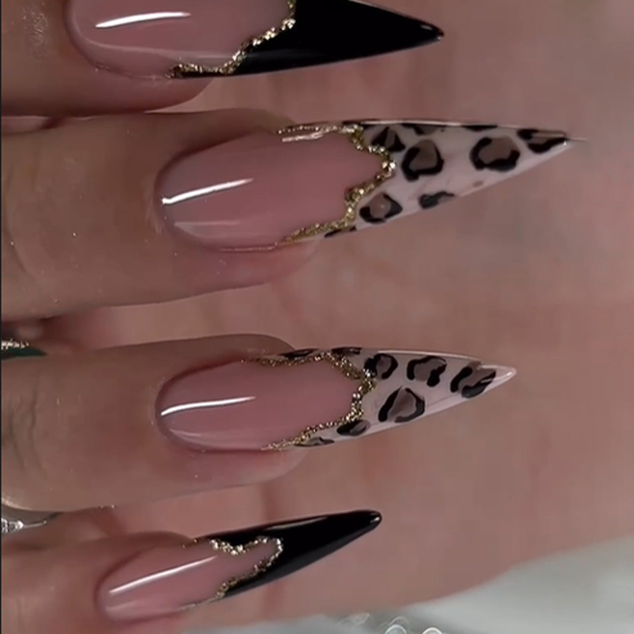 Fierce Glamour Long Stiletto Shape Pink and Black Leopard Print with Gold Accents Press on Nail Set