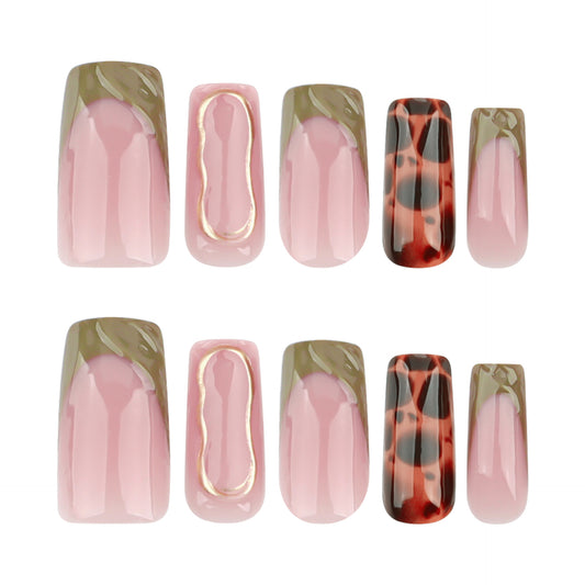 Whimsical Elegance Medium Square Pink and Tortoiseshell Nails with Gold Detailing