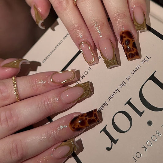 Chic Safari Long Square Olive and Brown Nail Set with Unique Marble Accents