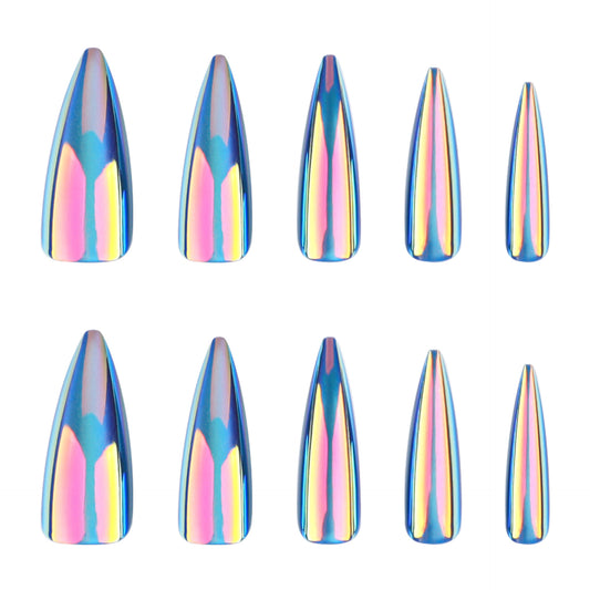A set of press-on nails in a stiletto shape with a shimmering blue iridescent design.