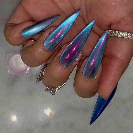 Aquatic Fantasy Long Stiletto Blue Ombre Press On Nail Set with Iridescent Gloss Finish