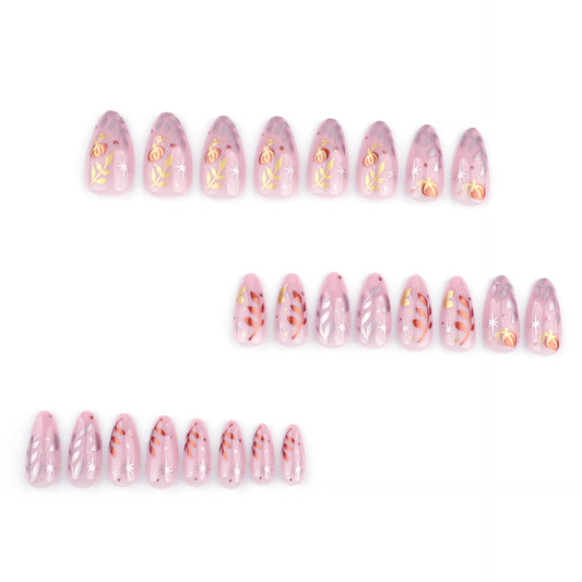 Whimsical Garden Medium Almond Pink Floral Nail Set with Metallic Accents