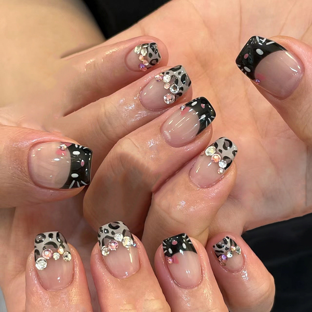 Glamorous Safari Inspired Short Coffin Black and Gray Animal Print with Dazzling Rhinestones Press On Nail Set