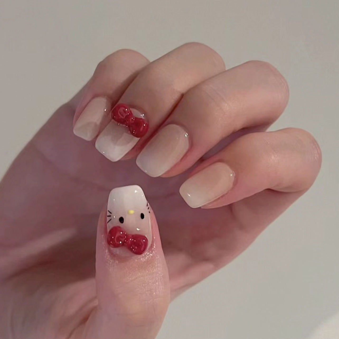 Hello Kitty Inspired Medium Square Ombre Pink Nails With Cute Bow Accents