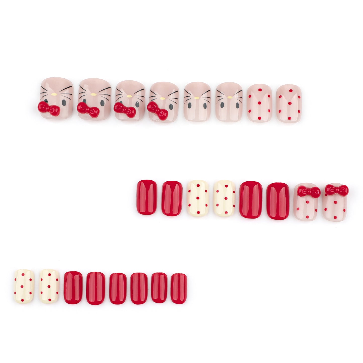 Charming Cherry Delight Short Square Red And Pink Press On Nail Set With Whimsical Bow And Dotted Design