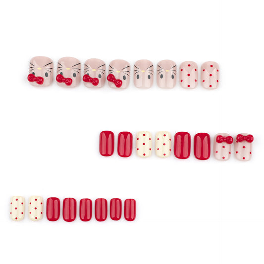 Charming Cherry Delight Short Square Red And Pink Press On Nail Set With Whimsical Bow And Dotted Design