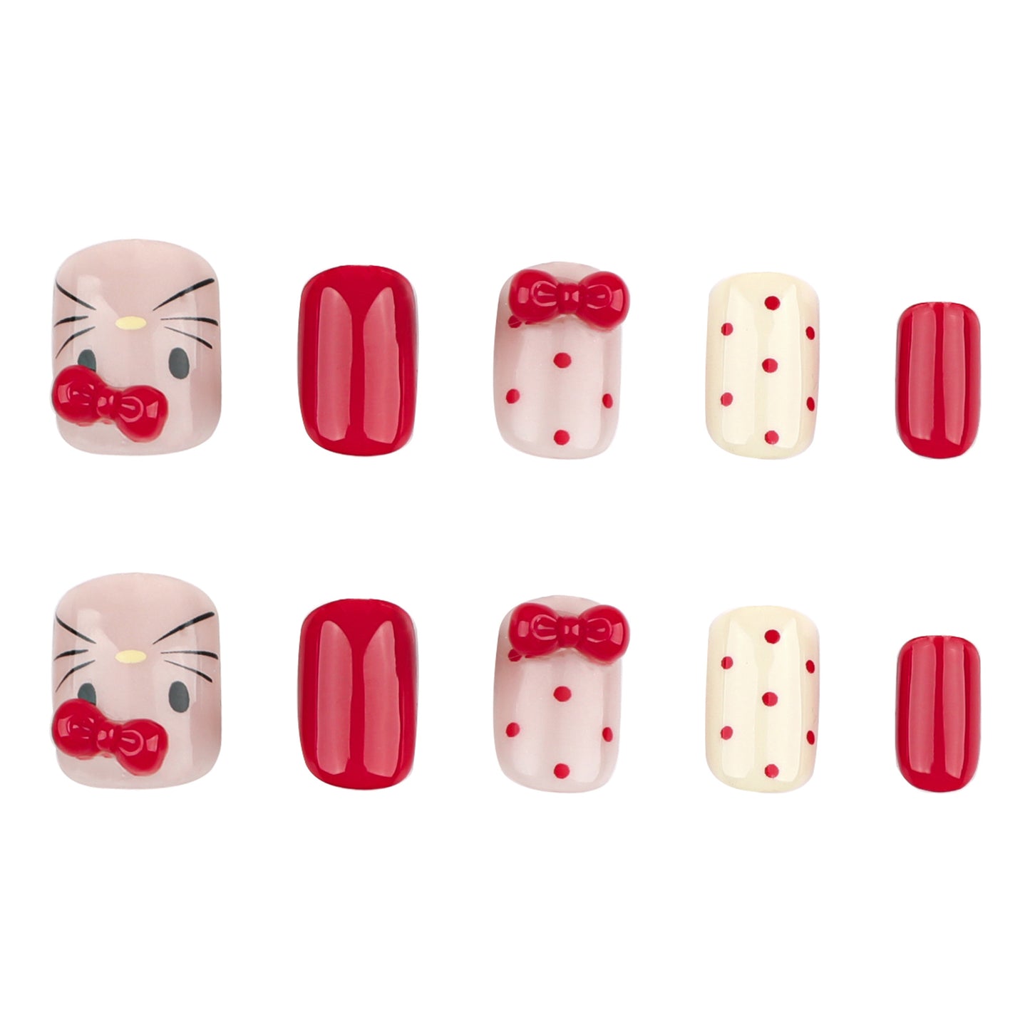 Adorable Whimsy Press On Nail Set Short Square Red And Cream With Charming Bow And Polka Dot Design