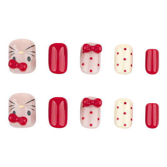 Adorable Whimsy Press On Nail Set Short Square Red And Cream With Charming Bow And Polka Dot Design