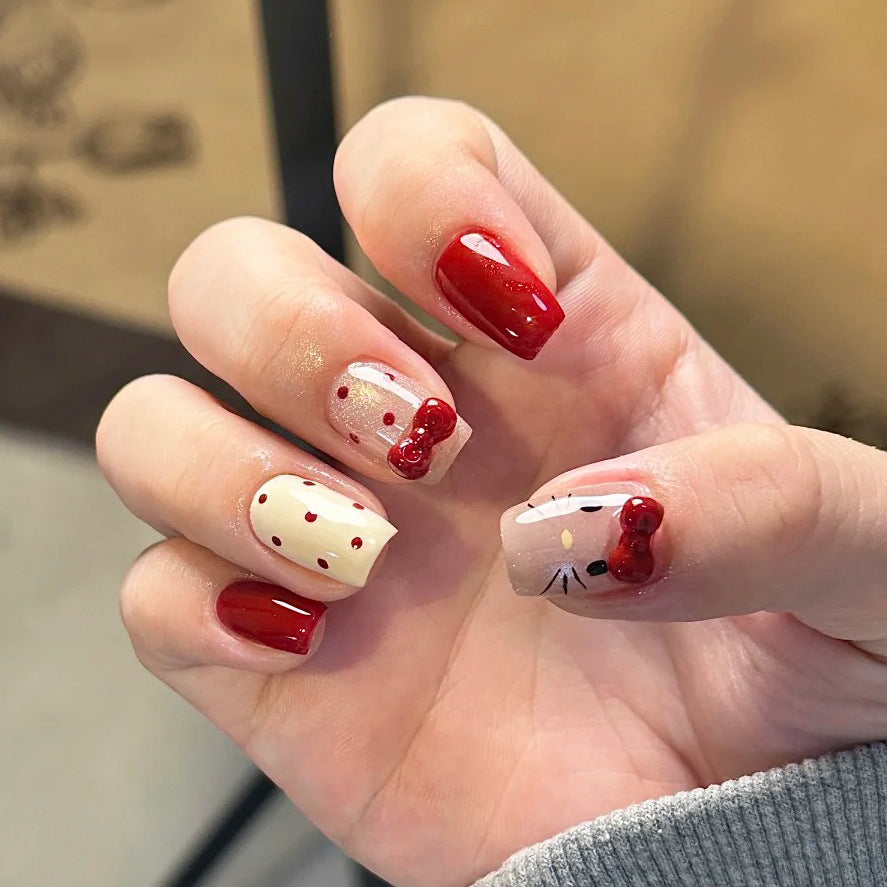 Charming Festive Nail Set Short Square Red And Beige With Adorable Bow Accents