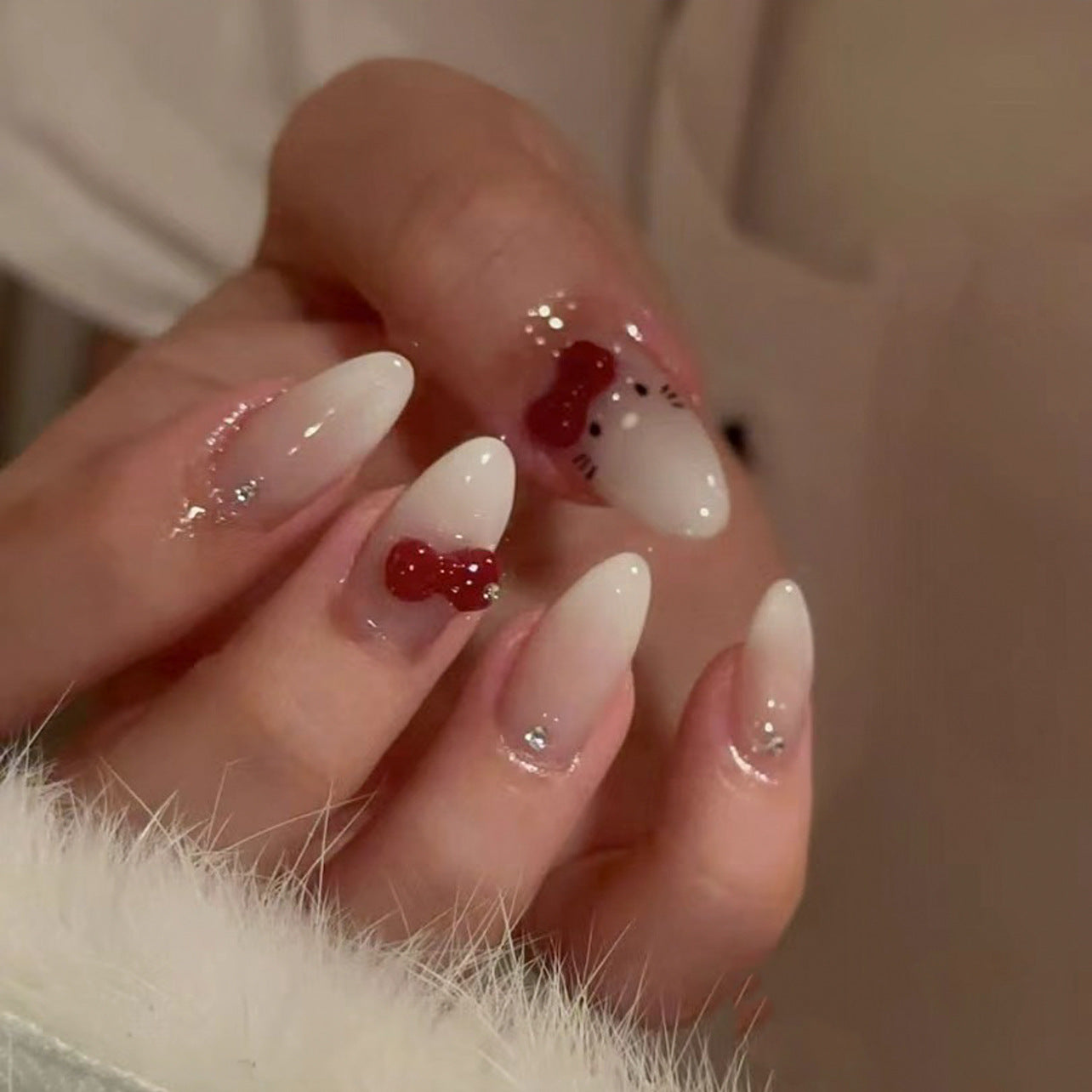 Cute Catwalk Inspiration Medium Almond White and Red Bow Accent Press On Nail Set