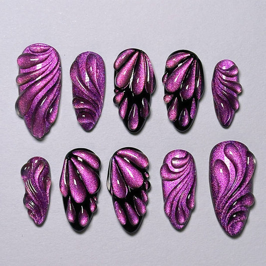 Whimsical Fantasy Medium Almond Glossy Purple Nail Set with Unique Swirl Design