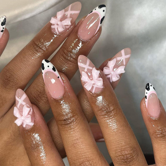 Chic Elegance Long Almond Pink with Bow and Cow Print Accents Press On Nail Set