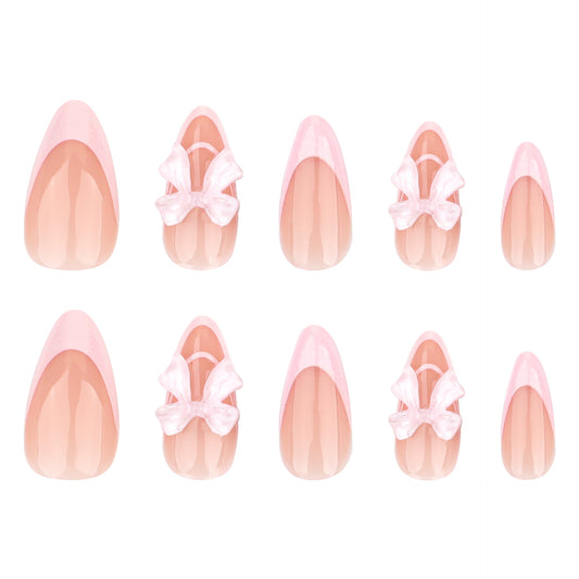 Charming Elegance Medium Almond Shaped Soft Pink Press On Nails with Delicate Bow Accents