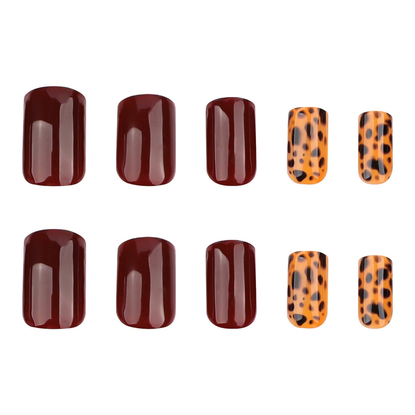 Elegant Autumn Vibes Short Square Glossy Burgundy and Leopard Print Press On Nail Set with Chic Shine