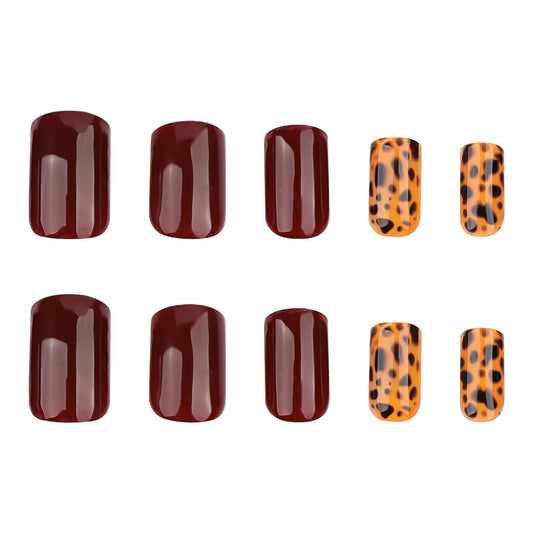 Elegant Autumn Vibes Short Square Glossy Burgundy and Leopard Print Press On Nail Set with Chic Shine