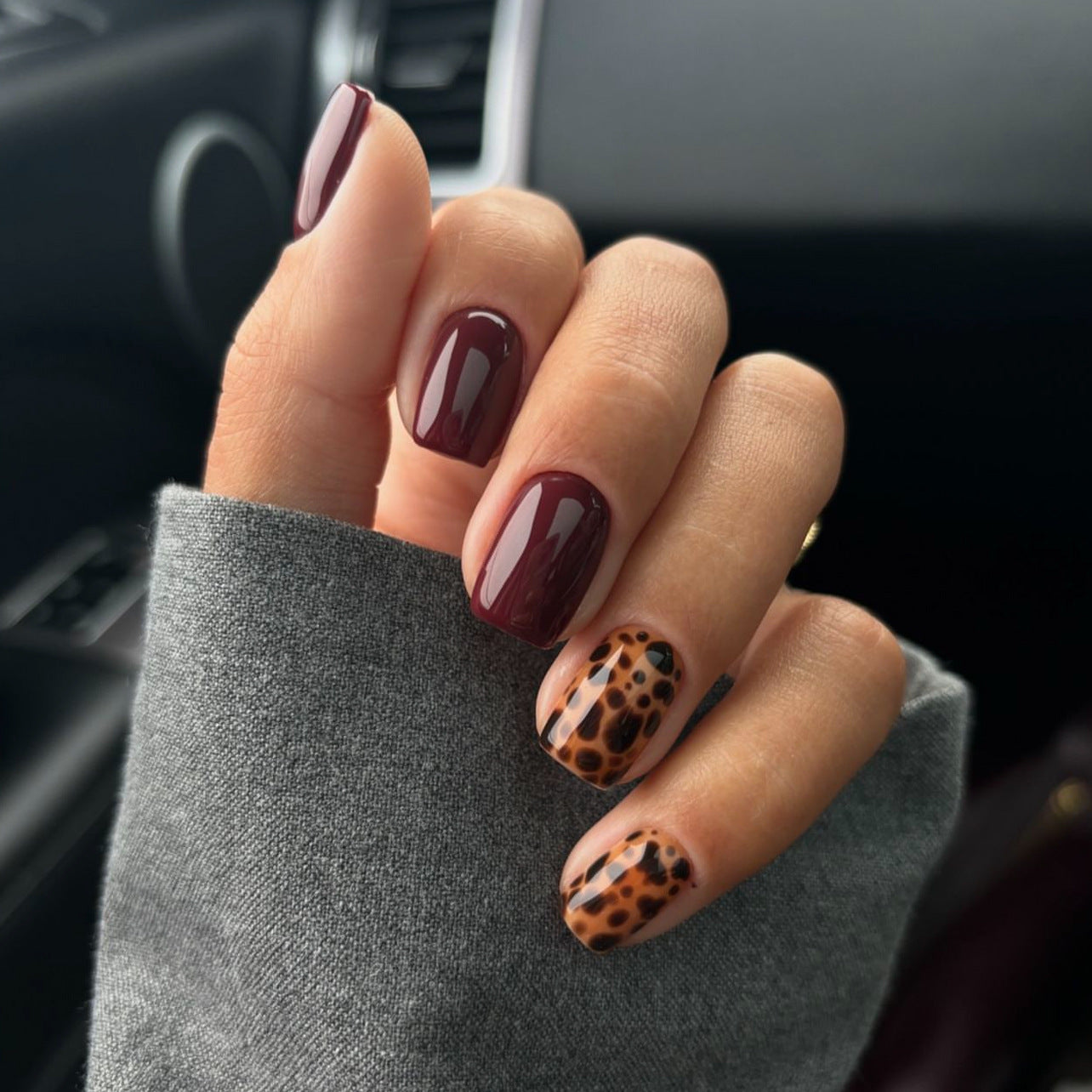 Wild Safari Elegance Short Square Deep Burgundy and Chic Cheetah Print Press on Nail Set