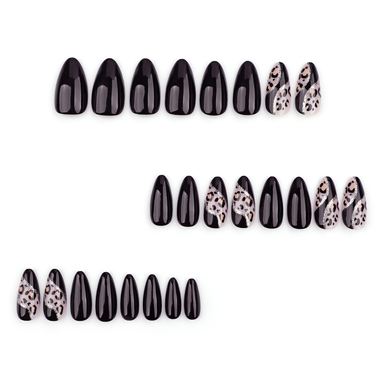 Wild Elegance Glossy Short Almond Black and Leopard Print Press-On Nail Set with Stunning Glossy Finish
