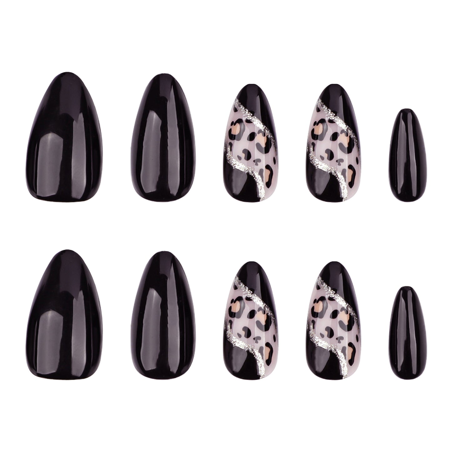 Wild Elegance Glossy Black Short Almond and Stiletto Press On Nail Set with Stylish Leopard Accent