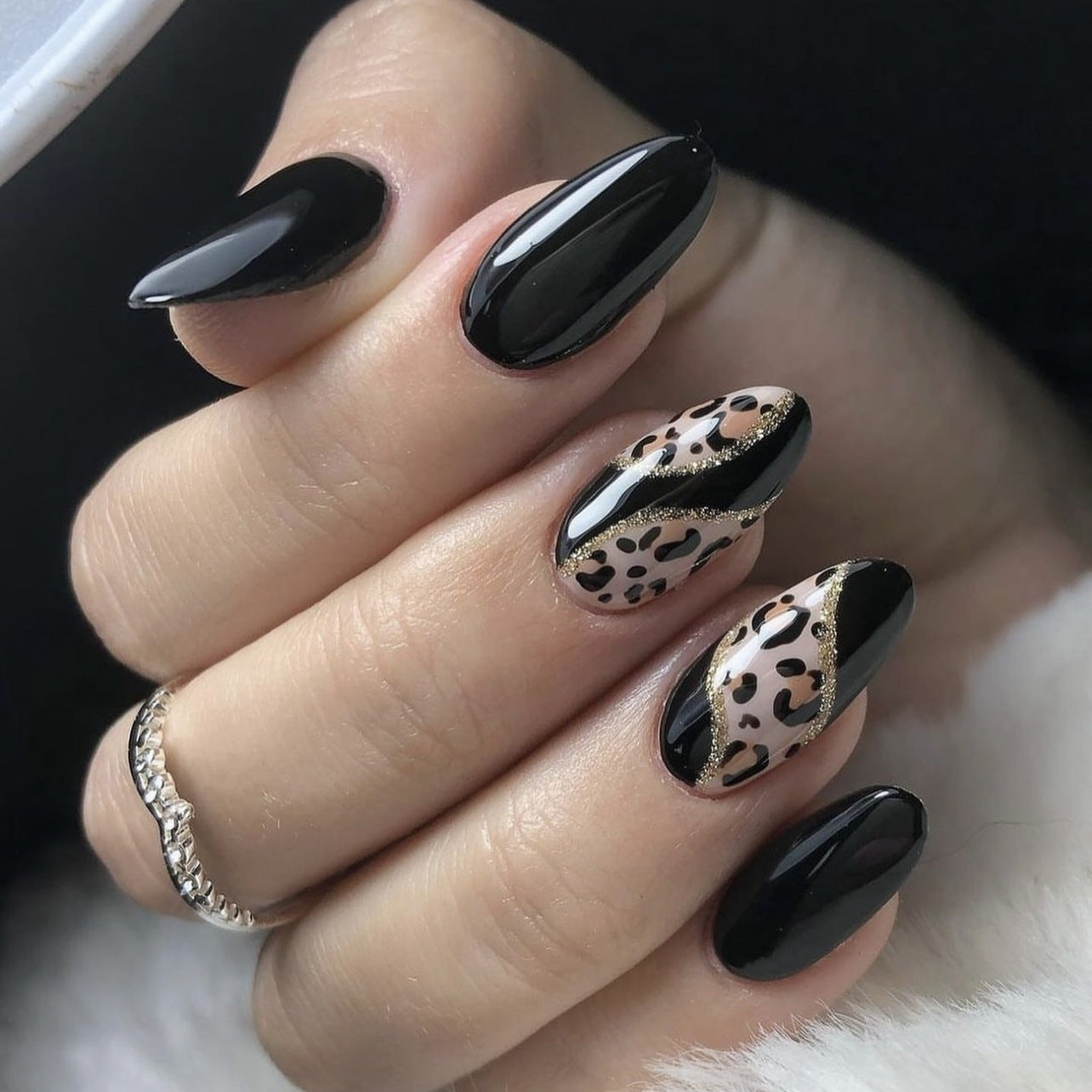 Savage Elegance Medium Almond Shape Glossy Black with Leopard Print Accent and Gold Detail Press-On Nail Set