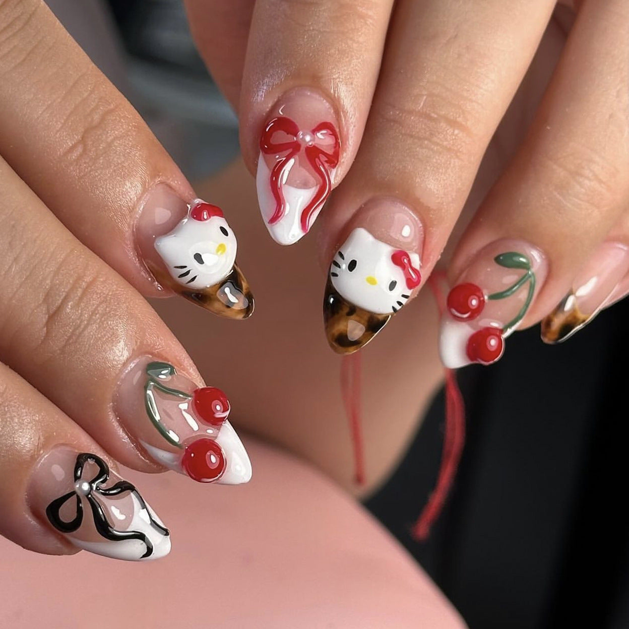 Kawaii Chic Medium Almond Shaped Pink And White Nail Set With Cute Character Design