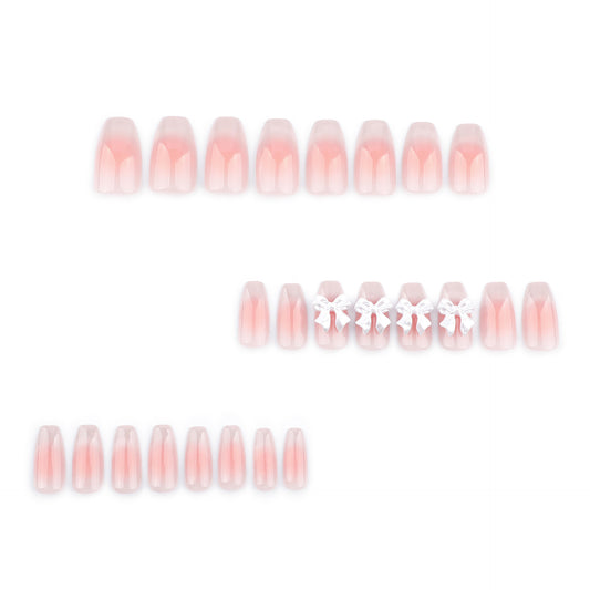 Charming Blossom Press On Nail Set Elegant Medium Coffin Shape Soft Pink Color with Adorable Bow Accents