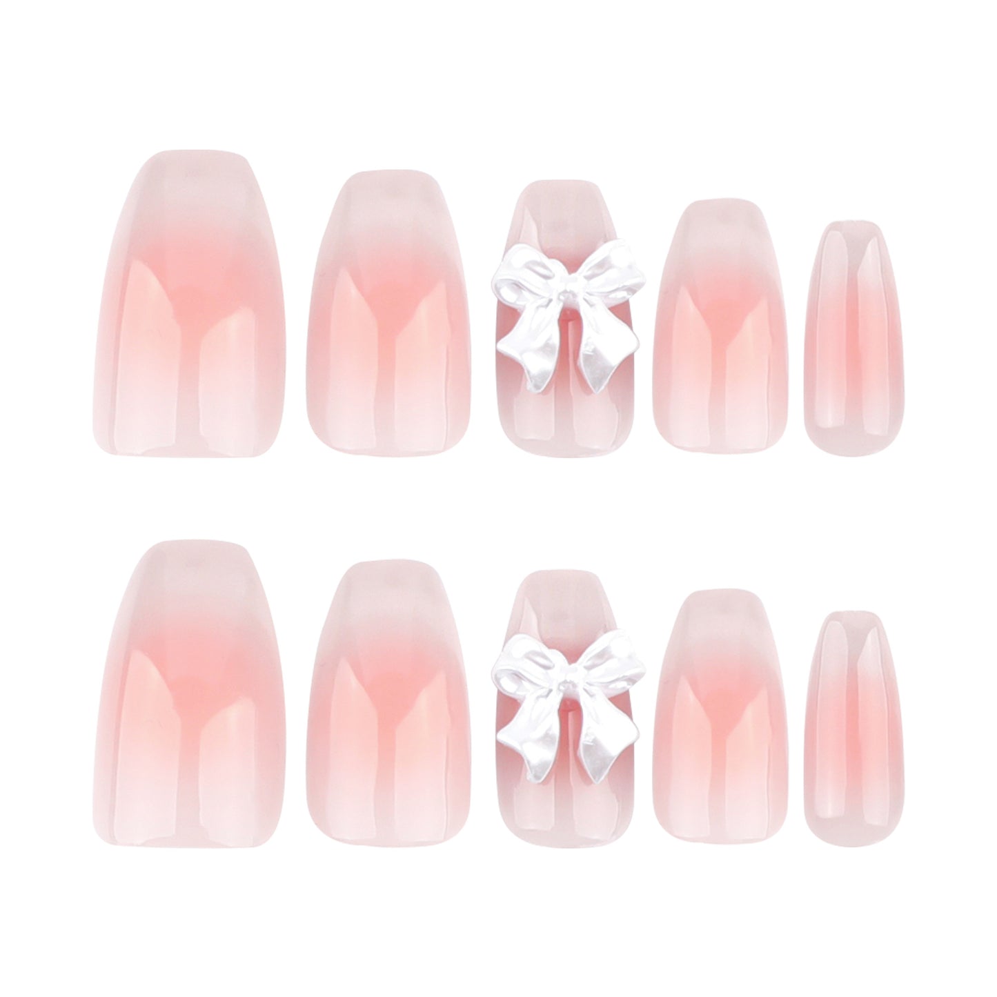Charming Blossom Press on Nail Set Medium Coffin Ombre Pink with Elegant Bow Accent