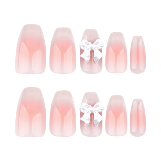 Charming Blossom Press on Nail Set Medium Coffin Ombre Pink with Elegant Bow Accent