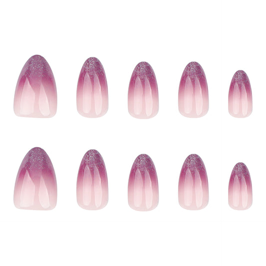 Charming Floral Dream Ombre Medium Length Almond Shape Pink Glitter Finish Press On Nail Set
