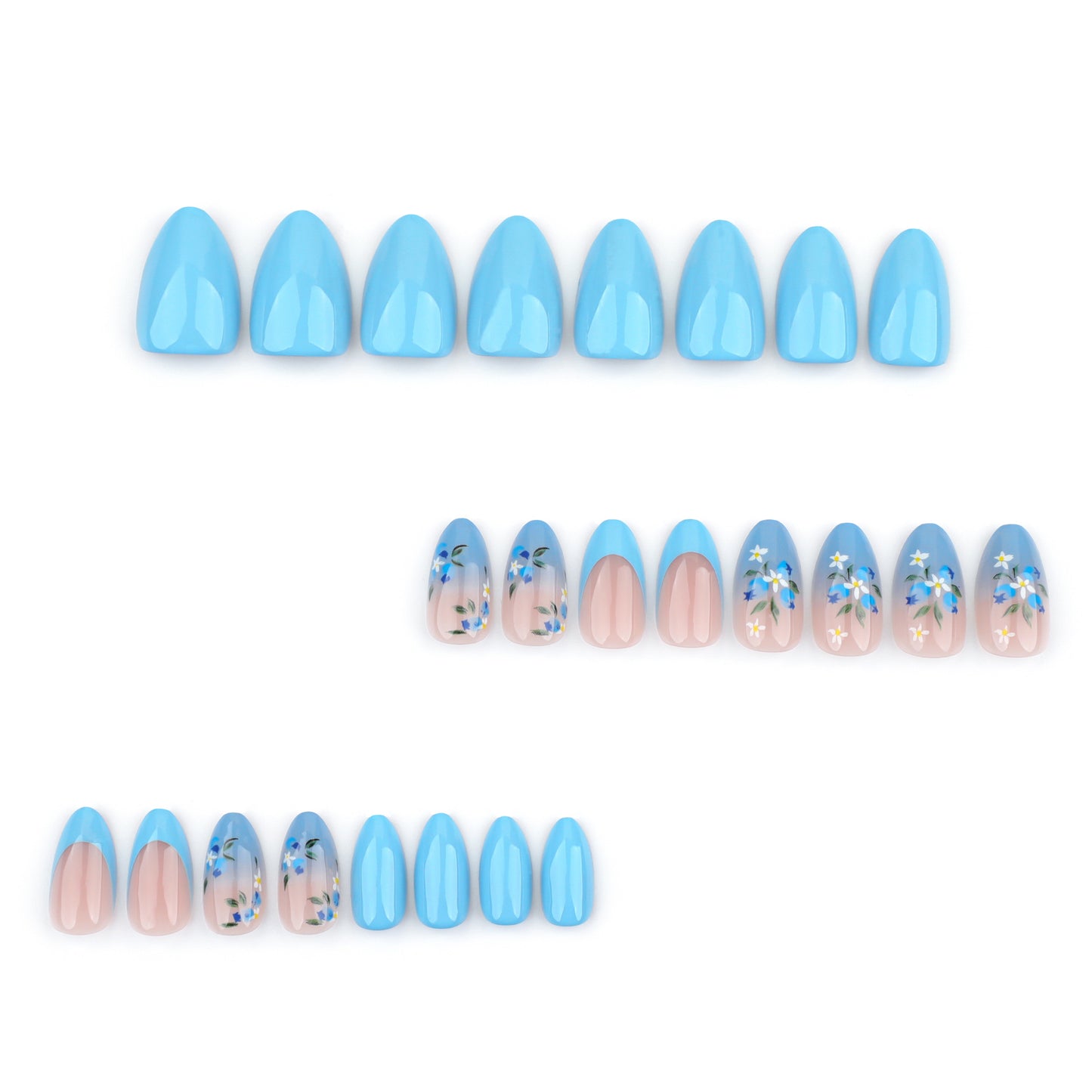 Charming Floral Oasis Short Almond Shaped Blue Press-On Nail Set with Unique Artistic Flower Design