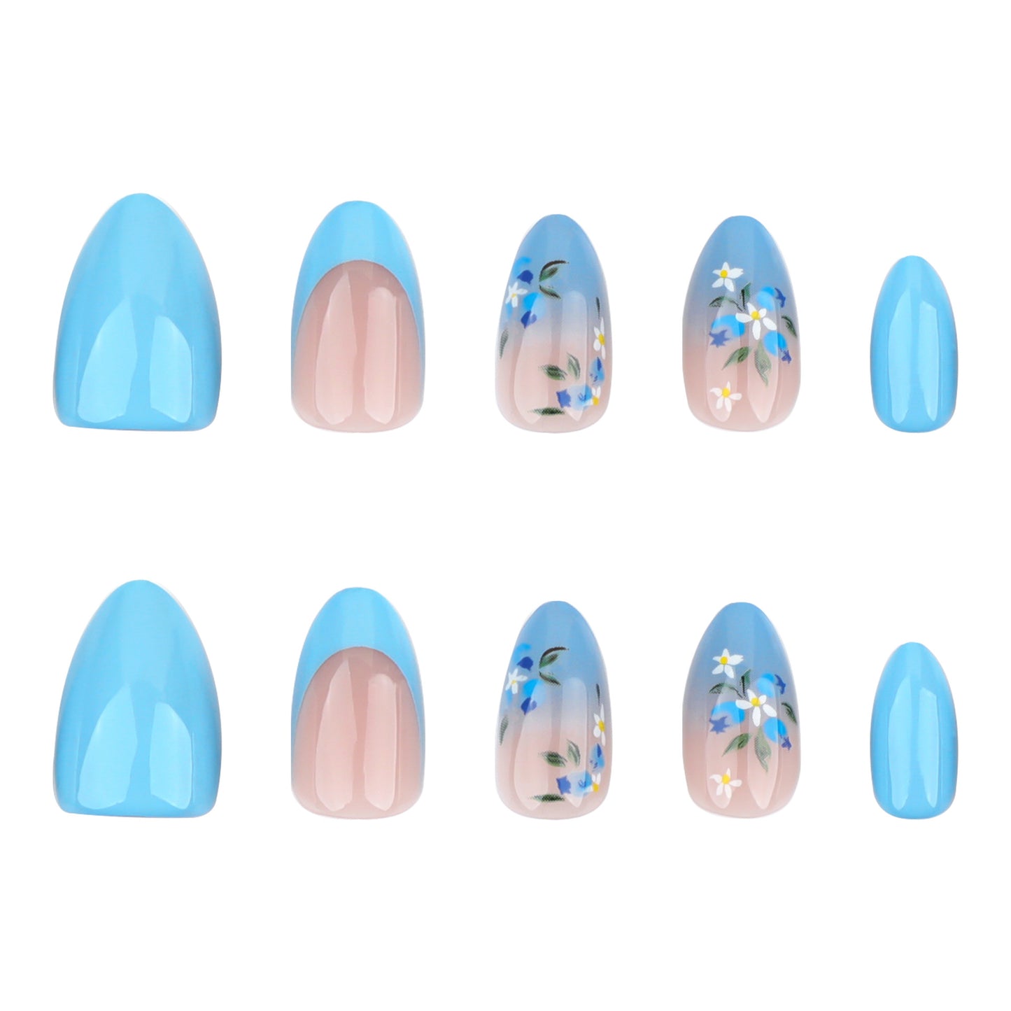 Enchanting Floral Dream Blue Short Almond Press On Nail Set with Unique Hand-Painted Design