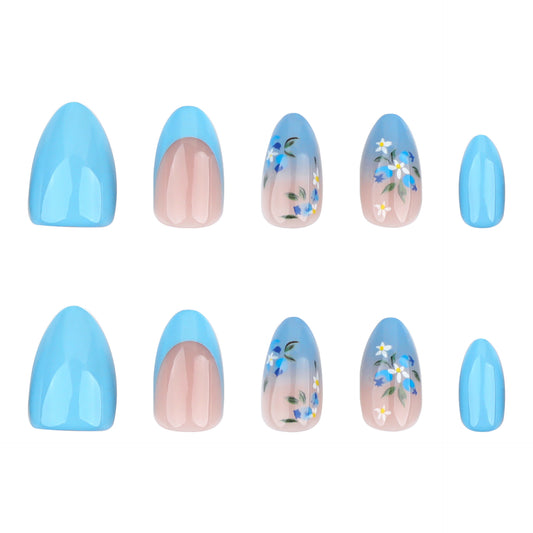 Enchanting Floral Dream Blue Short Almond Press On Nail Set with Unique Hand-Painted Design