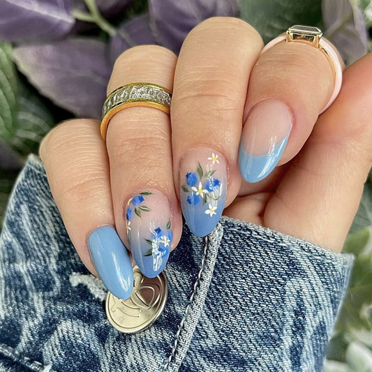 Serene Blossoms Short Almond Blue Floral Design Press-On Nail Set