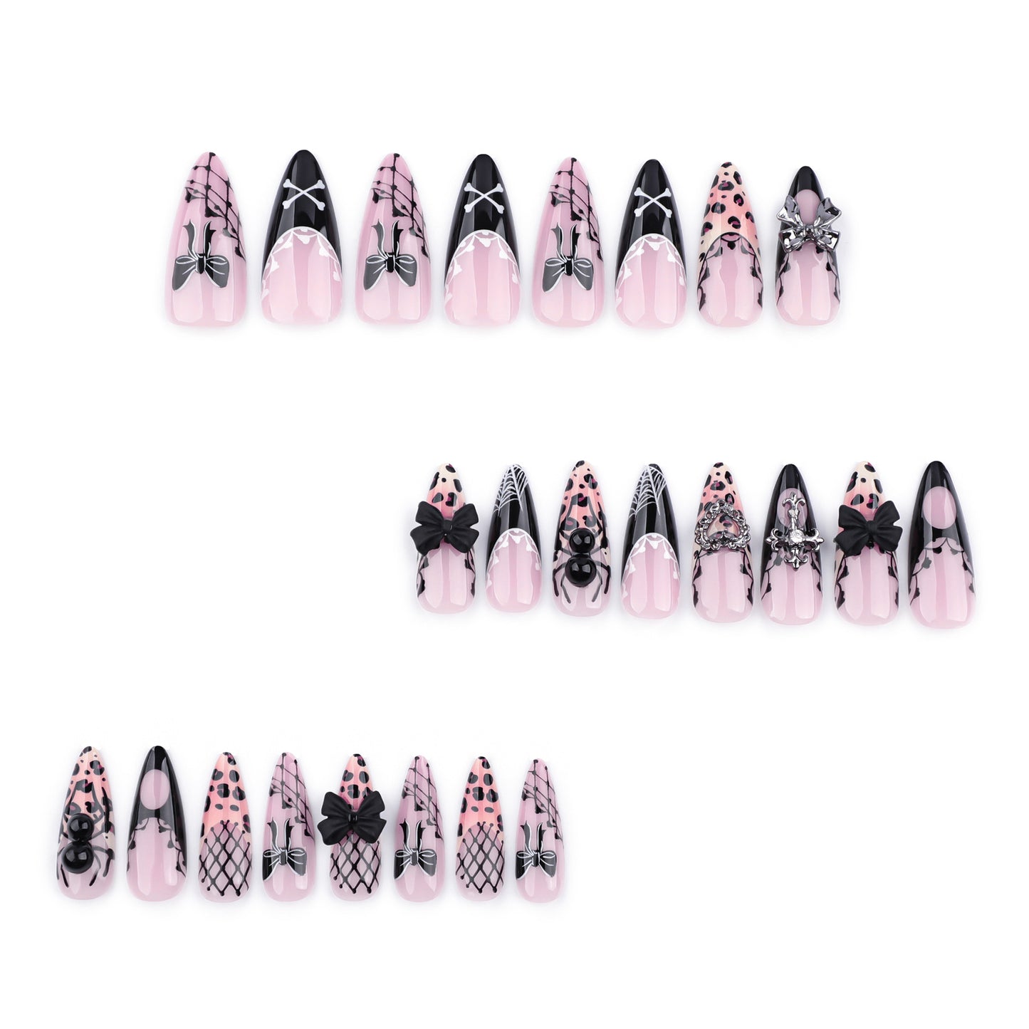 Enchanting Gothic Elegance Medium Almond Pink and Black Press-On Nail Set with Intricate Bow and Spider Designs