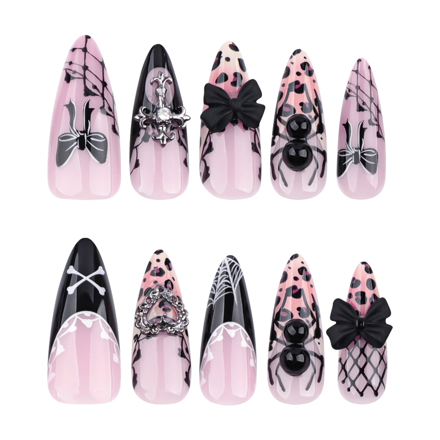 Gothic Elegance Medium Almond Pink and Black Press On Nail Set with Chic Bow and Spider Accents